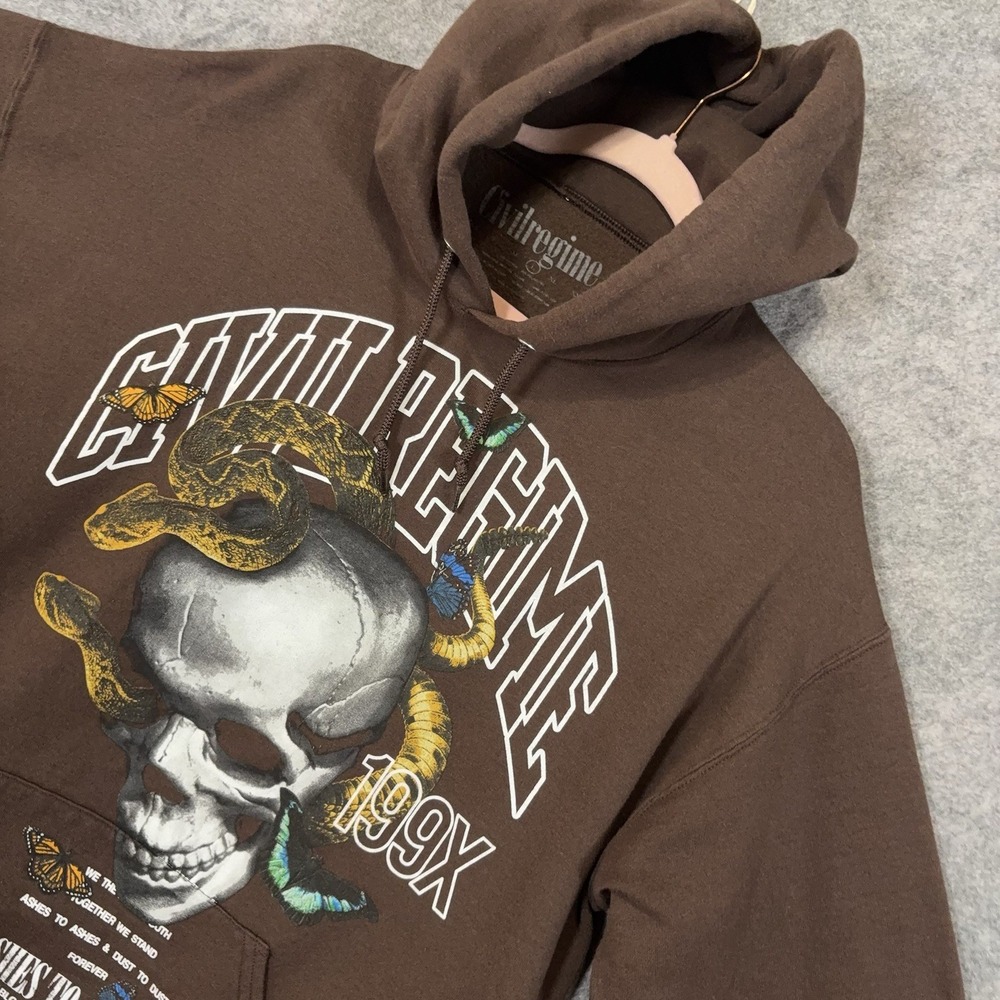 Civil Regime Hoodie Mens Sz L Brown Skull Ashes To Ashes Pocket